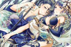 2girls asymmetrical_bangs aura blue_eyes blush breasts cleavage closed_mouth detached_sleeves dress earrings fins flower frilled_dress frills fur_collar hair_flower hair_ornament head_fins holding holding_polearm holding_weapon japanese_clothes jewelry kaguya_(sinoalice) kimono large_breasts legband looking_at_viewer moo_alice_moo multiple_girls ningyo_hime_(sinoalice) open_mouth orb polearm ponytail purple_eyes sad side_slit sidelocks simple_background sinoalice skull sleeveless sleeveless_dress tattoo water weapon white_background