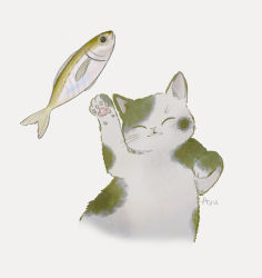 Rule 34 | animal focus, ayu (mog), cat, commentary, english commentary, closed eyes, facing viewer, fish, mixed-language commentary, no humans, original, signature, simple background, white background