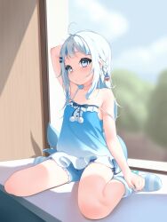 Rule 34 | 1girl, :o, absurdres, ahoge, arm behind head, armpit crease, babydoll, backlighting, bare arms, bare shoulders, blue babydoll, blue eyes, blue hair, blue nails, blue shorts, blue socks, collarbone, flat chest, frilled babydoll, full body, gawr gura, highres, hololive, hololive english, indoors, lucasyecla99, messy hair, multicolored hair, nail polish, shorts, sitting, socks, solo, strap slip, streaked hair, striped clothes, striped socks, virtual youtuber, wariza, white hair, window