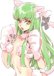 Rule 34 | 1girl, :o, alternate costume, animal ears, animal hands, bare shoulders, black ribbon, blush, breasts, c.c., cat ears, cat tail, cleavage, code geass, creayus, detached collar, fake animal ears, fake tail, fur collar, gloves, green hair, hands up, kemonomimi mode, long hair, looking at viewer, medium breasts, navel, open mouth, paw gloves, pink gloves, revealing clothes, ribbon, simple background, sketch, solo, stomach, tail, tail ornament, tail ribbon, upper body, very long hair, white background, yellow eyes