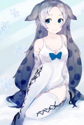 Rule 34 | 10s, 1girl, ancolatte (onikuanco), bare shoulders, black hair, blue eyes, bodysuit, bow, breasts, cleavage, grey hair, highres, kemono friends, long hair, low twintails, multicolored hair, no shoes, ringed seal (kemono friends), sitting, snowflakes, solo, swimsuit, thighhighs, twintails, white hair