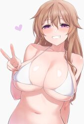 Rule 34 | 1girl, :d, absurdres, arm at side, bare arms, bare shoulders, bikini, blush, breasts, brown hair, cleavage, collarbone, commentary request, grey background, grin, half-closed eyes, halterneck, hand up, heart, highres, konoe kanata, large breasts, long hair, looking at viewer, love live!, love live! nijigasaki high school idol club, nasuno (nasuno42), navel, open mouth, purple eyes, simple background, skindentation, smile, solo, stomach, string bikini, swimsuit, upper body, v, white bikini