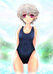 1girl bad_id bad_pixiv_id breasts covered_erect_nipples elf female_focus medium_breasts pink_eyes pointy_ears riria school_swimsuit short_hair silver_hair solo swimsuit thigh_gap thighs