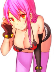 Rule 34 | 00s, 1girl, alternate hair color, asymmetrical gloves, bent over, black gloves, breasts, cleavage, downblouse, female focus, gloves, hachiju, hair down, kyon (yae), large breasts, leaning forward, long hair, looking at viewer, pink hair, pink thighhighs, short shorts, shorts, solo, strap gap, sweatdrop, tengen toppa gurren lagann, thighhighs, underboob, uneven gloves, white background, yellow eyes, yoko littner