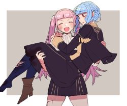 Rule 34 | 2girls, blood, blue hair, blunt bangs, border, carrying, carrying person, closed eyes, commentary request, cuts, do m kaeru, fire emblem, fire emblem: three houses, garreg mach monastery uniform, grey background, hair bun, hilda valentine goneril, injury, looking at another, marianne von edmund, multiple girls, nintendo, open mouth, pantyhose, pink hair, princess carry, simple background, single hair bun, tongue, torn clothes, twintails, white border, yuri
