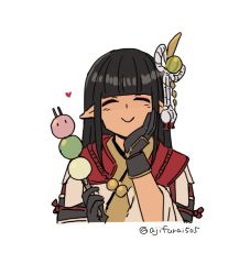 Rule 34 | 1girl, asaya minoru, black gloves, black hair, blunt bangs, blush, closed eyes, closed mouth, cropped torso, dango, facing viewer, food, gloves, hair ornament, hands up, heart, hinoa, holding, holding food, japanese clothes, kimono, long sleeves, monster hunter (series), monster hunter rise, pointy ears, sanshoku dango, simple background, smile, solo, twitter username, upper body, wagashi, white background, white kimono