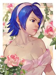 Rule 34 | 1girl, bare shoulders, blue eyes, blue hair, breasts, cleavage, dress, elisabeth blanctorche, highres, pink dress, snk, the king of fighters