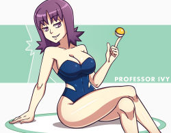 Rule 34 | 1girl, arm support, balancing ball, bare arms, bare shoulders, breasts, character name, cleavage, collarbone, covered navel, creatures (company), crossed legs, game freak, half-closed eyes, invisible chair, large breasts, looking at viewer, mature female, nintendo, one-piece swimsuit, parted lips, philena ivy, pointing, pointing up, poke ball, pokemon, pokemon (anime), pokemon (classic anime), purple eyes, purple hair, scott bennett, short hair, simple background, sitting, smile, solo, strapless, swimsuit