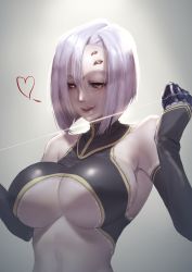 Rule 34 | 1girl, arthropod girl, breasts, cleavage, elbow gloves, gloves, heart, highres, insect girl, kotorikurama, large breasts, lips, midriff, monster girl, monster musume no iru nichijou, purple hair, rachnera arachnera, red eyes, revealing clothes, short hair, smile, solo, spider girl, teeth, underboob, upper body, upper teeth only, white background