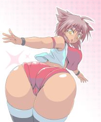 Rule 34 | 1girl, ahoge, ass, bad id, bad pixiv id, bent over, breasts, brown hair, cameltoe, chestnut mouth, curvy, dark skin, dark-skinned female, ekakiuo, from behind, headband, huge ass, large breasts, looking back, open mouth, shorts, slit pupils, solo, spanked, thighhighs, yellow eyes