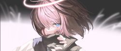 Rule 34 | 1girl, aged down, black gloves, blood, blood on face, blue archive, blue eyes, fingerless gloves, gloves, halo, hand up, highres, hoshino (blue archive), looking at viewer, parted lips, pink halo, portrait, short hair, solo, wiping blood, wiping face, yomoyama55