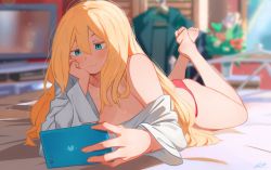 Rule 34 | 1girl, barefoot, bed, blonde hair, blue eyes, blurry, blurry background, blush, breasts, cellphone, cleavage, colored eyelashes, commentary, english commentary, foreshortening, hair between eyes, head rest, highres, holding, holding phone, indoors, large breasts, long hair, lying, mixed-language commentary, off shoulder, on bed, on stomach, original, panties, phone, pink panties, plant, potted plant, ryusei hashida, shirt, signature, smartphone, smile, solo, underwear, white shirt