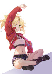 Rule 34 | 1girl, absurdres, arm up, bandeau, belt, blonde hair, blue shorts, boots, braid, breasts, cutoffs, denim, denim shorts, fate/apocrypha, fate/grand order, fate (series), french braid, green eyes, highres, jacket, jewelry, long hair, long sleeves, looking at viewer, midriff, mordred (fate), mordred (fate/apocrypha), mordred (memories at trifas) (fate), navel, necklace, open clothes, open jacket, open mouth, parted bangs, ponytail, red jacket, short shorts, shorts, sidelocks, sitting, small breasts, solo, zuihou de miao pa si