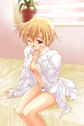 Rule 34 | 1girl, bed, blonde hair, one eye closed, open clothes, open mouth, original, panties, plant, potted plant, short hair, sleepy, sleeves past wrists, solo, underwear, wink, yuki (white garden)
