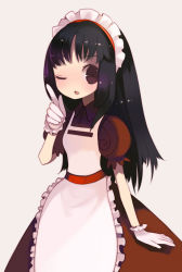 apron black_hair bonnet brown_eyes frills gloves kafra_uniform long_hair maid maid_apron one_eye_closed puti_devil ragnarok_online solo standing wink