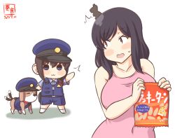 Rule 34 | 2girls, :3, ahoge, alternate costume, artist logo, bag of chips, black hair, blue eyes, blue headwear, blue shirt, blue shorts, blue vest, braid, brown hair, caught, collarbone, covered navel, dated, dog, hair ornament, hair over shoulder, hat, kanon (kurogane knights), kantai collection, multiple girls, one-hour drawing challenge, open mouth, police, police hat, police uniform, policewoman, puppy, red eyes, shigure (kancolle), shirt, short hair, shorts, simple background, single braid, uniform, vest, white background, yamashiro (kancolle), aged down