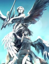 Rule 34 | 1girl, angel statue, angel wings, bad id, bad pixiv id, bare shoulders, black hair, blue eyes, blue sky, blush, commentary request, dress, eating, feathered wings, feet out of frame, food, grey dress, halo, harp, highres, holding, holding food, hot, instrument, knees together feet apart, lens flare, looking at viewer, looking to the side, original, outdoors, popsicle, shade, short hair, sitting, sky, solo, statue, swav, sweat, wings