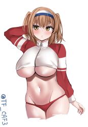Rule 34 | breasts, brown eyes, groin, hairband, highres, i-26 (kancolle), jacket, kantai collection, large breasts, light brown hair, medium hair, midriff, multicolored clothes, multicolored jacket, navel, one-hour drawing challenge, panties, parted lips, red panties, simple background, tf cafe, track jacket, twitter username, two-tone hairband, two-tone jacket, two side up, underboob, underwear, white background