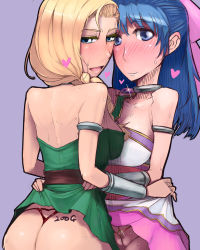 Rule 34 | ass, back tattoo, bianca (dq5), blonde hair, blue eyes, blush, body writing, braid, breasts, choker, cleavage, cleft of venus, dragon quest, dragon quest v, dress, flora (dq5), hair over shoulder, long hair, misonou hirokichi, open mouth, pussy, single braid, smile, tattoo, tramp stamp
