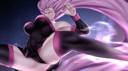 Rule 34 | 1girl, armpits, artist name, black panties, breasts, ear piercing, facial mark, fate/stay night, fate (series), flying kick, forehead mark, glowing, glowing eyes, highres, kicking, large breasts, long hair, looking at viewer, medusa (fate), medusa (rider) (fate), paid reward available, panties, pantyshot, piercing, purple eyes, purple hair, revealing clothes, shaded face, signature, solo, thighhighs, thighs, underboob, underwear, very long hair, zinfian