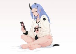 1girl absurdres barefoot blue_eyes blue_hair breasts cellphone commentary feet hair_ornament hair_tie_in_mouth hairclip highres holding holding_phone horns long_hair long_sleeves looking_at_phone mouth_hold original phone saki_(the_atko) shirt single_horn sitting smartphone soles solo the_atko toes