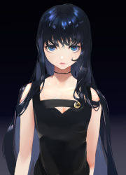 Rule 34 | 1girl, arms at sides, bad id, bad pixiv id, bare arms, bare shoulders, black background, black choker, black dress, black hair, blue eyes, blue hair, blush, breasts, choker, cleavage, colored eyelashes, dress, gradient background, hair between eyes, highres, lips, lipstick, long hair, looking at viewer, makeup, multicolored hair, original, parted lips, pink lips, simple background, sleeveless, sleeveless dress, small breasts, solo, standing, toto, two-tone hair, upper body, very long hair