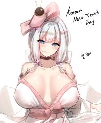 Rule 34 | 1girl, alternate costume, azur lane, bare shoulders, blue eyes, blunt bangs, blush, bow, breasts, breasts apart, bright pupils, brown choker, choker, closed mouth, collarbone, commentary request, covered erect nipples, geonjeonji, hair ribbon, illustrious (azur lane), japanese clothes, kimono, kimono hold, kimono pull, korean commentary, large bow, large breasts, long hair, long sleeves, looking at viewer, new year, off shoulder, pink bow, ribbon, sash, silver hair, simple background, smile, solo, upper body, white background, white kimono