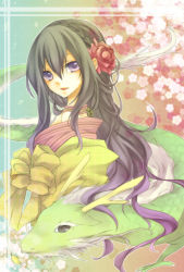 Rule 34 | 1girl, black hair, flower, hair ornament, kuroi (liar-player), long hair, new year, original, purple eyes, rainbow background