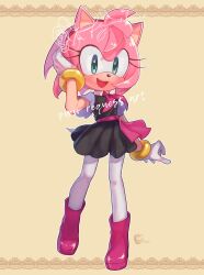 Rule 34 | 1girl, alternate costume, amy rose, animal ears, black dress, boots, brown background, collared shirt, dress, english text, full body, furry, furry female, gloves, gold bracelet, green eyes, hairband, highres, konjiki ringo, looking at viewer, neckerchief, open mouth, pantyhose, pink footwear, pink fur, pink neckerchief, red hairband, shirt, short sleeves, signature, simple background, solo, sonic (series), watermark, white gloves, white pantyhose, white sleeves