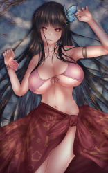 Rule 34 | 1girl, armlet, bikini, black hair, blush, branch, breasts, butterfly hair ornament, cleavage, front-tie bikini top, front-tie top, hair ornament, halterneck, hands up, highres, houraisan kaguya, jeweled branch of hourai, jewelry, large breasts, light smile, long hair, looking at viewer, lying, navel, necklace, on back, on ground, orange eyes, pearl necklace, pink bikini, sarong, shounen (hogehoge), smile, solo, stomach, swimsuit, thighs, touhou, very long hair, wristband