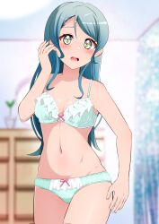 Rule 34 | 1girl, absurdres, aqua bra, aqua hair, aqua panties, bang dream!, blurry, blurry background, bow, bow bra, bow panties, bra, breasts, commentary request, commission, crotch seam, depth of field, frilled bra, frilled panties, frills, hand in own hair, highres, hikawa sayo, indoors, kisaragi setsu (mssk8485), lace, lace-trimmed panties, lace trim, long hair, looking at viewer, medium breasts, panties, partial commentary, pixiv commission, solo, standing, underwear, underwear only, yellow eyes
