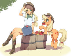 Rule 34 | 1girl, apple, apple print, applejack, arm support, belt, blonde hair, blue skirt, blush, boots, breasts, brown footwear, brown hat, bucket, closed mouth, collared shirt, commentary request, crossed legs, food, fruit, full body, green eyes, hat, highres, horse, horse tail, knee boots, long hair, looking at another, low-tied long hair, medium breasts, mouth hold, my little pony, my little pony: equestria girls, my little pony: friendship is magic, personification, profile, shadow, shirt, short sleeves, sitting, skirt, smile, standing, swept bangs, tail, takeda sun, white background, white shirt, wing collar