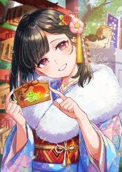 Rule 34 | 1girl, black hair, blue kimono, blue nails, blush, cat, chinese zodiac, commentary request, ema, floral print kimono, flower, furisode, hair flower, hair ornament, head tilt, highres, japanese clothes, kimono, long sleeves, looking at viewer, nail polish, obi, original, outdoors, pink eyes, pink flower, sash, shinishi chiho, sign, signature, smile, tassel, tree, upper body, year of the dragon