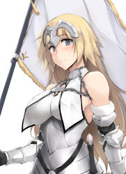 Rule 34 | 1girl, blonde hair, blue eyes, breasts, commentary request, fate/grand order, fate (series), flag, headpiece, jeanne d&#039;arc (fate), jeanne d&#039;arc (ruler) (fate), jeanne d&#039;arc (third ascension) (fate), long hair, looking at viewer, medium breasts, simple background, smile, solo, white background, zekkyon