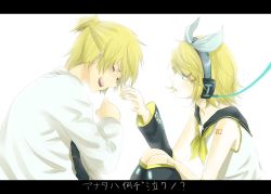 Rule 34 | 1boy, 1girl, bad id, bad pixiv id, blonde hair, bow, brother and sister, couple, fuutarou (pikeish), headphones, hetero, highres, kagamine len, kagamine rin, kokoro (vocaloid), letterboxed, nail polish, sad, short hair, siblings, tears, translation request, twins, vocaloid, yellow nails
