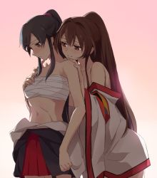 Rule 34 | 10s, 2girls, adapted costume, alternate costume, bare shoulders, black hair, blush, breasts, brown eyes, brown hair, female focus, highres, japanese clothes, kantai collection, kimono, kisetsu, long hair, multiple girls, navel, open clothes, ponytail, sarashi, small breasts, smile, undressing, very long hair, yahagi (kancolle), yamato (kancolle), yuri