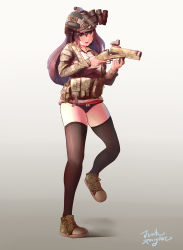 Rule 34 | 1girl, absurdres, ammunition, black hair, black panties, break-action grenade launcher, break action, camouflage, commentary, english commentary, full body, gradient background, green eyes, grenade cartridge, grenade launcher, gun, headset, helmet, highres, holding, holding gun, holding weapon, large-caliber cartridge, load bearing equipment, long hair, m79, military, no pants, original, panties, pistol grip, sawed-off grenade launcher, shoes, skindentation, sneakers, solo, thighhighs, underwear, weapon, xiao po qie