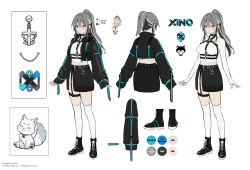 Rule 34 | 1girl, ^ ^, bad id, bad twitter id, black jacket, black skirt, blue eyes, blush, breast strap, breasts, character sheet, closed eyes, crop top, cropped jacket, ear piercing, earrings, fox, grey hair, highres, jacket, jewelry, looking at viewer, medium breasts, mery (yangmalgage), multiple views, open hands, piercing, ponytail, ruvixia, second-party source, shirt, skirt, thigh strap, thighhighs, virtual youtuber, white background, white shirt, xino (ruvixia)