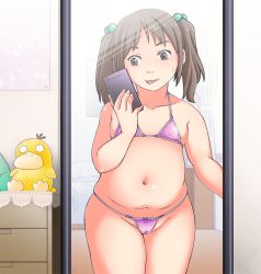 Rule 34 | 1girl, bikini, brown eyes, brown hair, cameltoe, covered erect nipples, creatures (company), female focus, flat chest, game freak, gen 1 pokemon, mirror, nintendo, phone, plump, pokemon, pokemon (creature), psyduck, reflection, short twintails, solo, souko souji, stuffed animal, stuffed toy, swimsuit, thick thighs, thighs, twintails