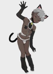 Rule 34 | 1boy, animal ears, bad id, bad twitter id, bell, bikini, black gloves, blunt bangs, blush stickers, bulge, cat boy, cat ears, cat tail, closed eyes, cross pasties, crossdressing, dark-skinned male, dark skin, detached collar, ear piercing, elbow gloves, fangs, full body, gloves, grey background, grey hair, highres, inactive account, jingle bell, leaning to the side, maid, maid bikini, maid headdress, male focus, mask, mouth mask, navel, original, pasties, piercing, short hair, simple background, solo, spiked ear piercing, swimsuit, tail, tajmahalchiba, trap, unconventional maid, white bikini