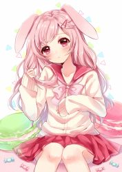 Rule 34 | 1girl, :&lt;, animal ears, blush, bow, bowtie, brown sweater, candy, closed mouth, collarbone, commentary request, food, hair ornament, hairclip, hand up, head tilt, holding, holding own hair, knees together feet apart, long hair, long sleeves, looking at viewer, macaron, medium skirt, original, parted bangs, pink bow, pink bowtie, pink eyes, pink hair, pleated skirt, rabbit ears, red sailor collar, red skirt, sailor collar, sakura hiyori, school uniform, serafuku, sitting, skirt, sleeves past wrists, solo, sweater, triangle, wavy hair, white background