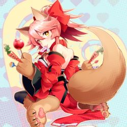 Rule 34 | 1girl, animal ear fluff, animal ears, animal hands, bare shoulders, bell, black thighhighs, bow, candy, collar, detached sleeves, fate/grand order, fate (series), food, fox ears, fox girl, fox tail, gloves, hair bow, hakka (88hk88), highres, holding, holding candy, holding food, holding lollipop, japanese clothes, jingle bell, kimono, lollipop, looking back, neck bell, paw gloves, paw shoes, pelvic curtain, pink hair, ponytail, red bow, red kimono, shoes, short kimono, sitting, solo, tail, tamamo (fate), tamamo cat (fate), tamamo cat (first ascension) (fate), thighhighs, wariza, wide sleeves