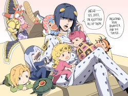 Rule 34 | 2girls, 6+boys, age regression, aged down, bag, baguette, black hair, blue eyes, bob cut, bread, bruno bucciarati, cellphone, character doll, child, clothing cutout, coco jumbo, couch, crossed legs, fatherly, food, giorno giovanna, gold experience, grocery bag, guido mista, hair ornament, hairclip, hat, highres, jojo no kimyou na bouken, key, leone abbacchio, motherly, multiple boys, multiple girls, narancia ghirga, norue, pannacotta fugo, phone, purple haze (stand), quilt, shopping bag, sitting, smartphone, spice girl (stand), talking on phone, trish una, turtle, vento aureo, zipper