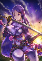 Rule 34 | 1girl, armor, blue sky, bodysuit, breasts, cloud, covered navel, fate/grand order, fate (series), fingerless gloves, gloves, highres, holding, holding sword, holding weapon, japanese armor, katana, large breasts, loincloth, long hair, looking ahead, low-tied long hair, minamoto no raikou (fate), parted bangs, purple bodysuit, purple eyes, purple hair, ribbed sleeves, rope, sheath, sky, skyde kei, smile, solo, sword, tabard, very long hair, weapon
