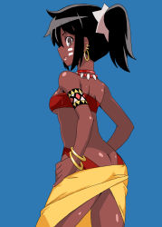 1girl artist_request ass bandeau bandeau_bikini bikini black_hair breasts brown_eyes butt_crack dark-skinned_female dark_skin etrian_odyssey hands_on_own_hips highres legs looking_back medium_breasts medium_hair open_mouth ponytail red_bikini sarong shilleka sideboob solo swimsuit thick_thighs thighs thong_bikini tribal