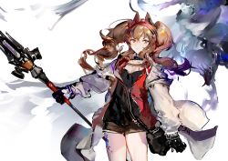 Rule 34 | 1girl, angelina (arknights), animal ears, arknights, brown hair, fox ears, fox girl, gloves, headband, highres, holding, holding weapon, jacket, looking to the side, shorts, solo, twintails, weapon, yyb