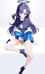 Rule 34 | 1girl, black shirt, blue archive, blue buruma, blue footwear, blue jacket, blush, bottle, breasts, buruma, gym uniform, halo, highres, id card, jacket, lanyard, large breasts, long hair, long sleeves, looking at viewer, official alternate costume, open mouth, parted bangs, partially unzipped, ponytail, purple eyes, purple hair, ririko (zhuoyandesailaer), shirt, shoes, sitting, sneakers, solo, star (symbol), sticker on face, track jacket, water bottle, yuuka (blue archive), yuuka (track) (blue archive)