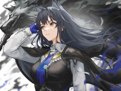Rule 34 | 1girl, absurdres, animal ear fluff, animal ears, arknights, arm up, black coat, black hair, black vest, blue gloves, breasts, brown eyes, closed mouth, coat, coat on shoulders, fairxw, fingerless gloves, floating hair, gloves, hand in own hair, highres, long hair, long sleeves, looking afar, looking away, medium breasts, shirt, solo, texas (arknights), texas the omertosa (arknights), upper body, very long hair, vest, white shirt, wolf, wolf ears