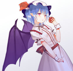 Rule 34 | 1girl, apple, bat wings, blue hair, bow, dress, food, food bite, fruit, gradient background, gukuli, hat, hat bow, highres, looking at viewer, mob cap, nail polish, open mouth, pointy ears, puffy sleeves, red eyes, remilia scarlet, ribbon, sash, short hair, short sleeves, solo, touhou, wings, wrist cuffs