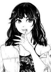 Rule 34 | 1girl, black hair, breasts, cleavage, dress, finger to mouth, fingernails, greyscale, highres, jacket, looking away, medium hair, monochrome, nikaidou kou, off shoulder, original, signature, simple background, solo, upper body, white background